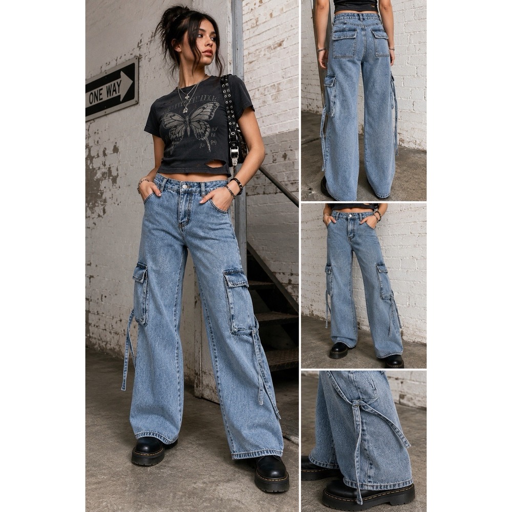 Altar'd State Womens 25 Cargo Jeans Wide Leg Light Wash Utility Denim Grunge Y2K